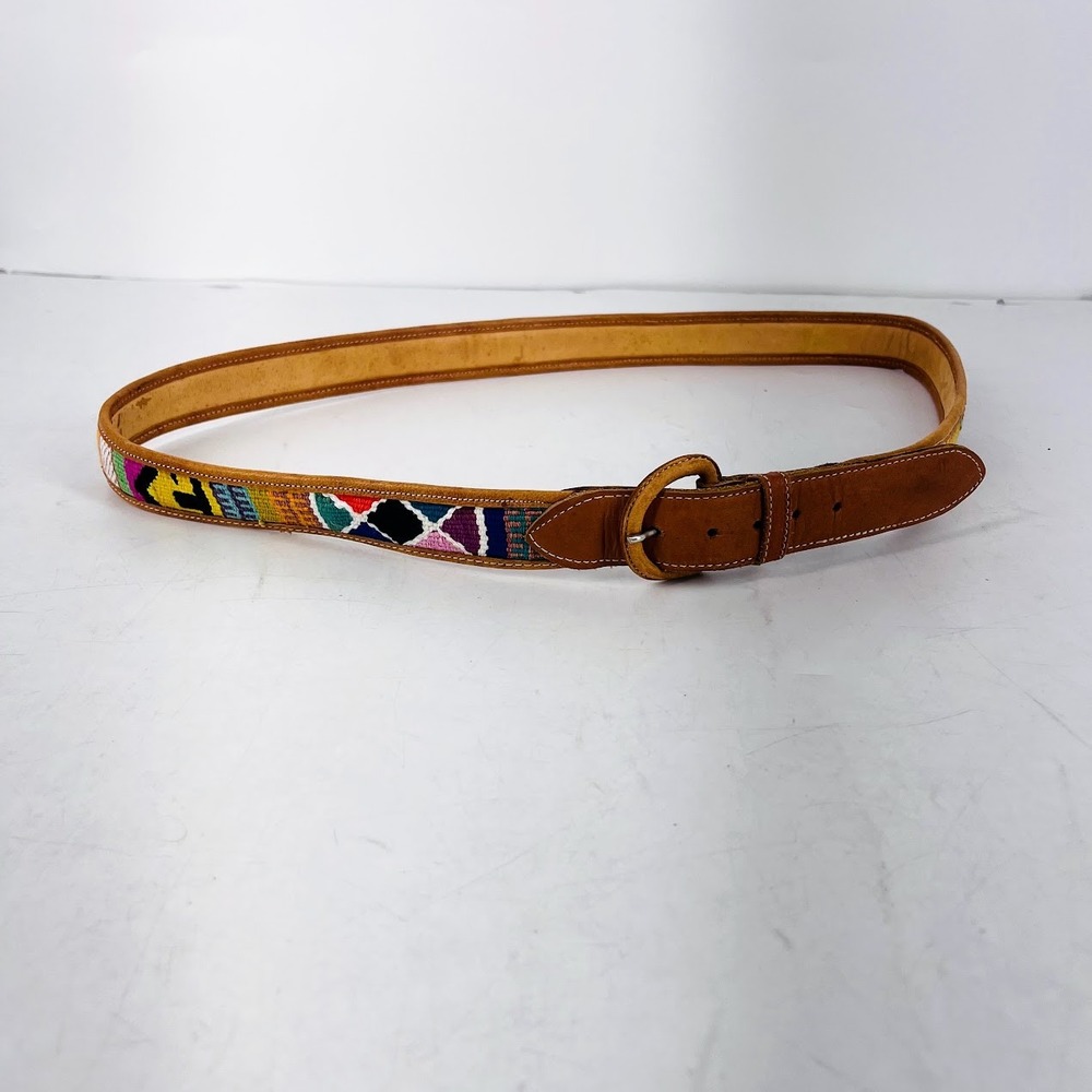 Vintage Hand Woven Leather Belt Multicolor Geometric Boho Southwestern 35in